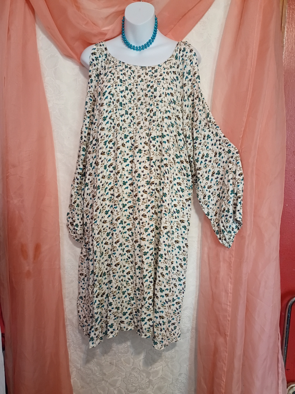 Old Navy Ladies Cream Midi Dress with Teal and Black Floral Print Sz 2XL